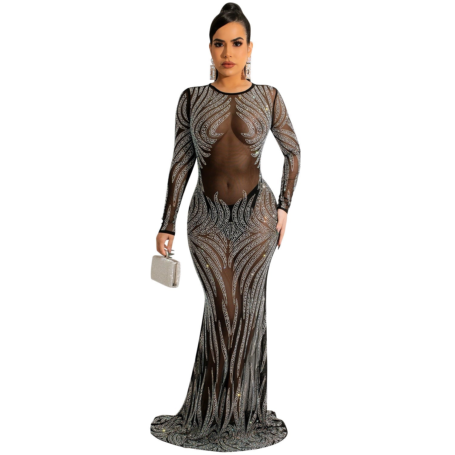 Night Club Sexy Rhinestone Mesh See through Long Sleeve Dress Dress Women by Ragazza
