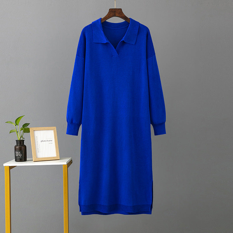 Autumn Winter Polo Collar Base Knitting Loose Solid Color Women Dress by Ragazza
