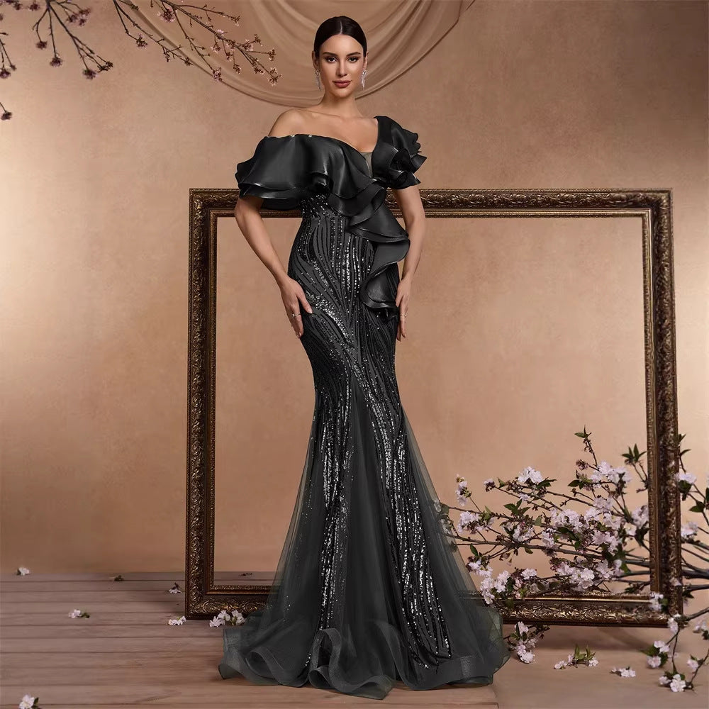 Elegant Ruffle Sleeve Sequin Elegant Cocktail Party Dinner Dress Backless Luxury Fishtail Graduation Evening by Ragazza