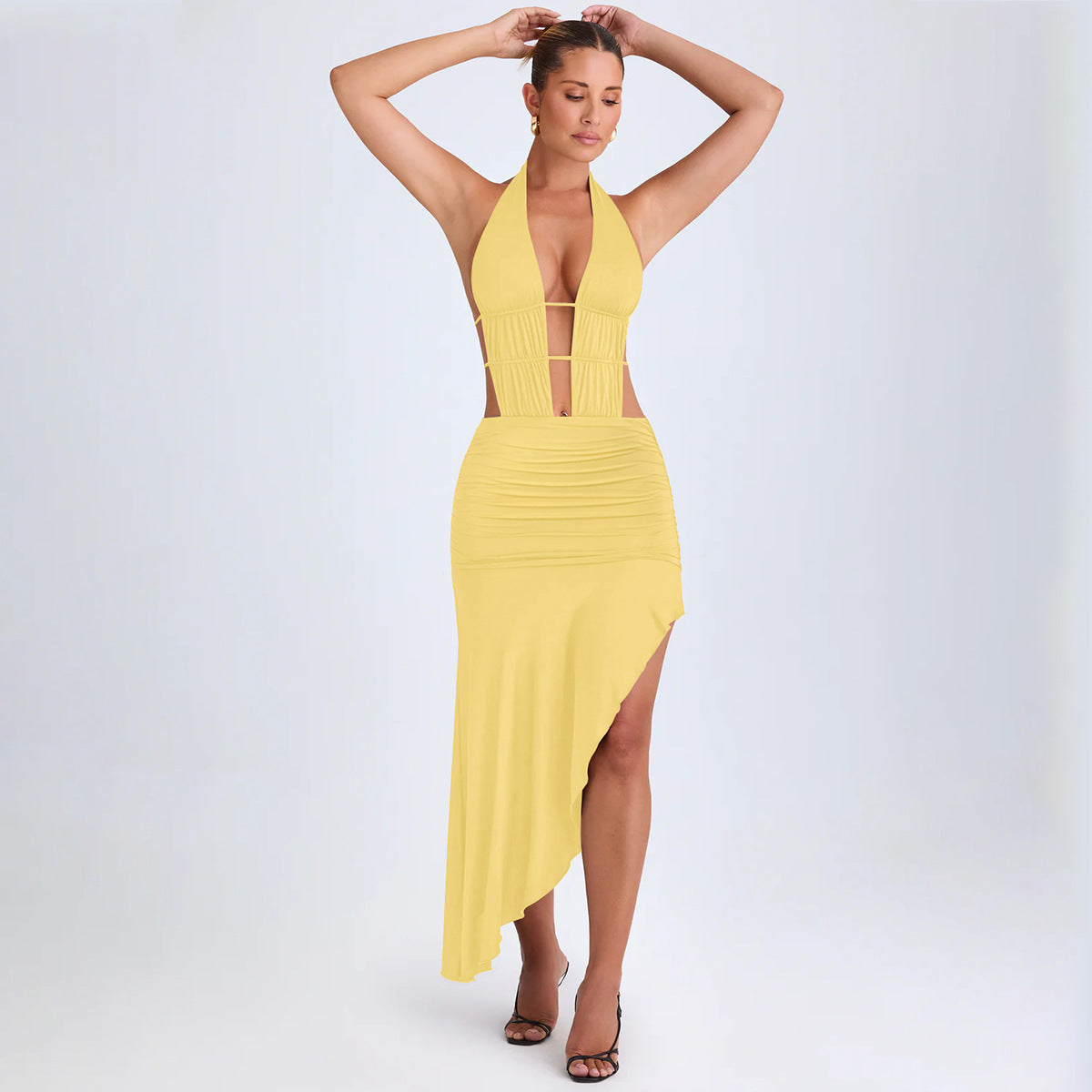 Irregular Asymmetric Women Pleated Tied Dress Autumn Winter Sexy Backless Hollow Out Cutout Hip Dress by Ragazza