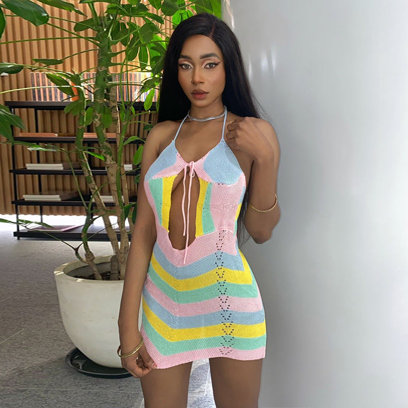 Wave Striped Contrast Color Product Mother Halter Straps Backless Chest Hollow Out Cutout Sexy Woolen Short Dress Women DestGlow