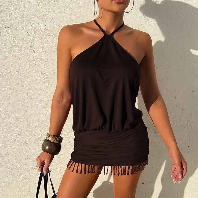 Women Clothing Autumn Lace Halter Sexy Backless Crystal Tassels Slim Fit Sheath Dress