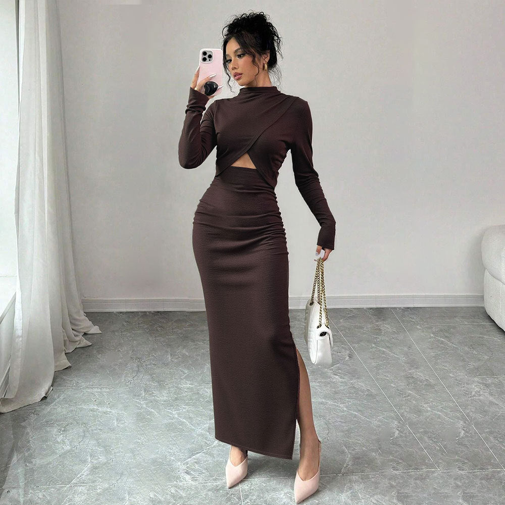 Autumn Winter Sexy Slit Slim Fitting Cropped Outfit Long Sleeve Mid Length Long Sleeve Dress by Ragazza