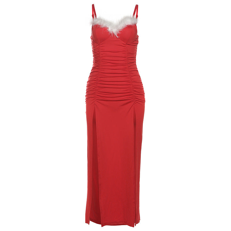 Winter Women Clothing Christmas Atmosphere Ruffled Stitching Ruffle Sexy Slimming Suspender Dress by Ragazza
