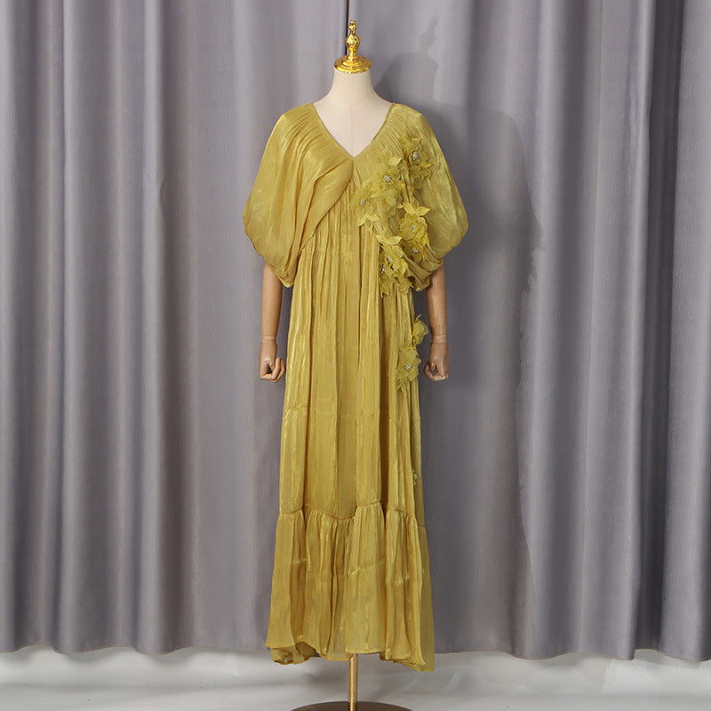 Romantic Vacation Maxi Dress Spring V neck Drop Shoulder Batwing Sleeve Stitching Three Dimensional Floral Dress DestGlow