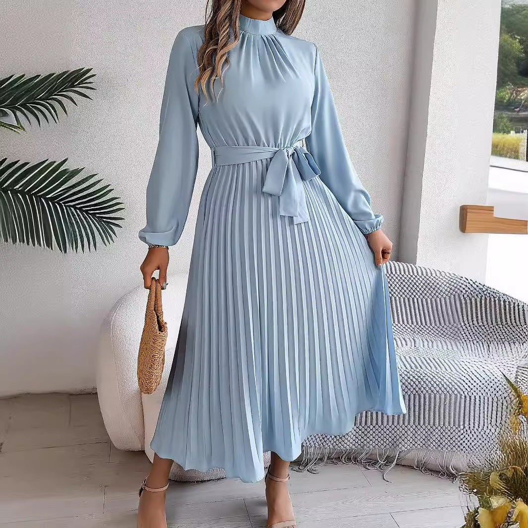 Autumn Winter Elegant Stand Collar Long Sleeve Cinched Pleated Maxi Dress Small Dress Women Clothing DestGlow