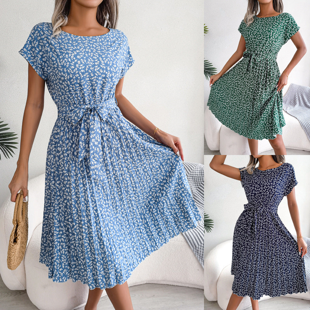 Spring Summer New Casual Short Sleeve Floral Large Hem Pleated Women Clothing by Ragazza