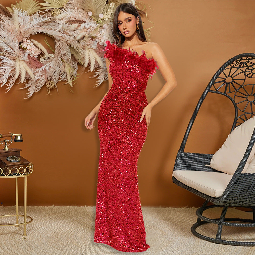 Black Paillette Feather Stitching Sequin Sexy Evening Dress Maxi Dress for Women by Ragazza