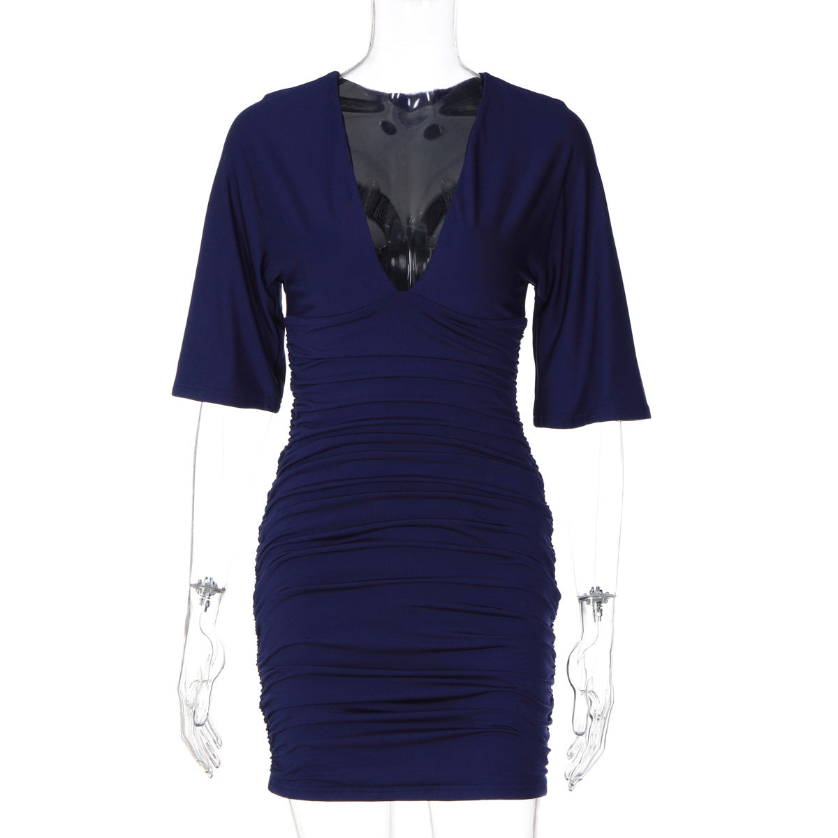 Women Sexy Low Cut Deep V Plunge neck Solid Color Pleated Waist Tight Slimming Sheath Dress DestGlow