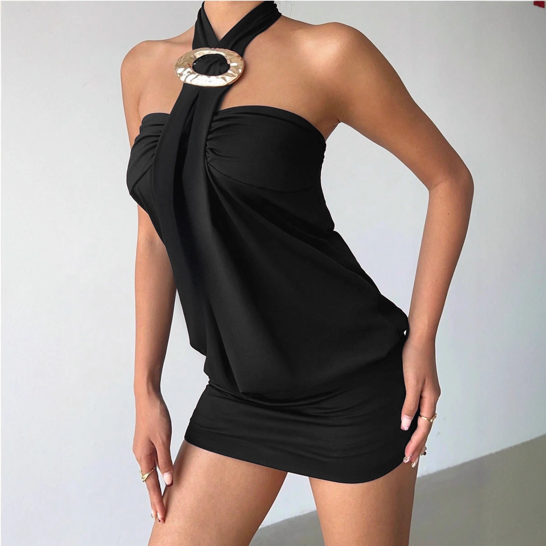 Women Clothing Halter Backless Strapless Sexy Simple Ruffle Hip Short Elegant Dress by Ragazza