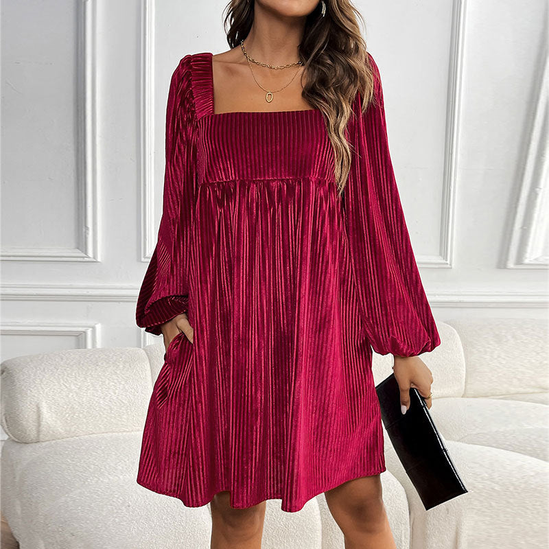 Autumn Winter Women Clothing Velvet Square Collar Solid Color Dress by Ragazza