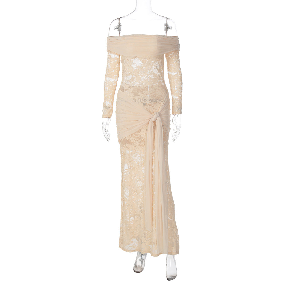 Women Clothing Autumn Elegant Lace Patchwork Maxi Dress off Shoulder Long Sleeve Tied Dress by Ragazza