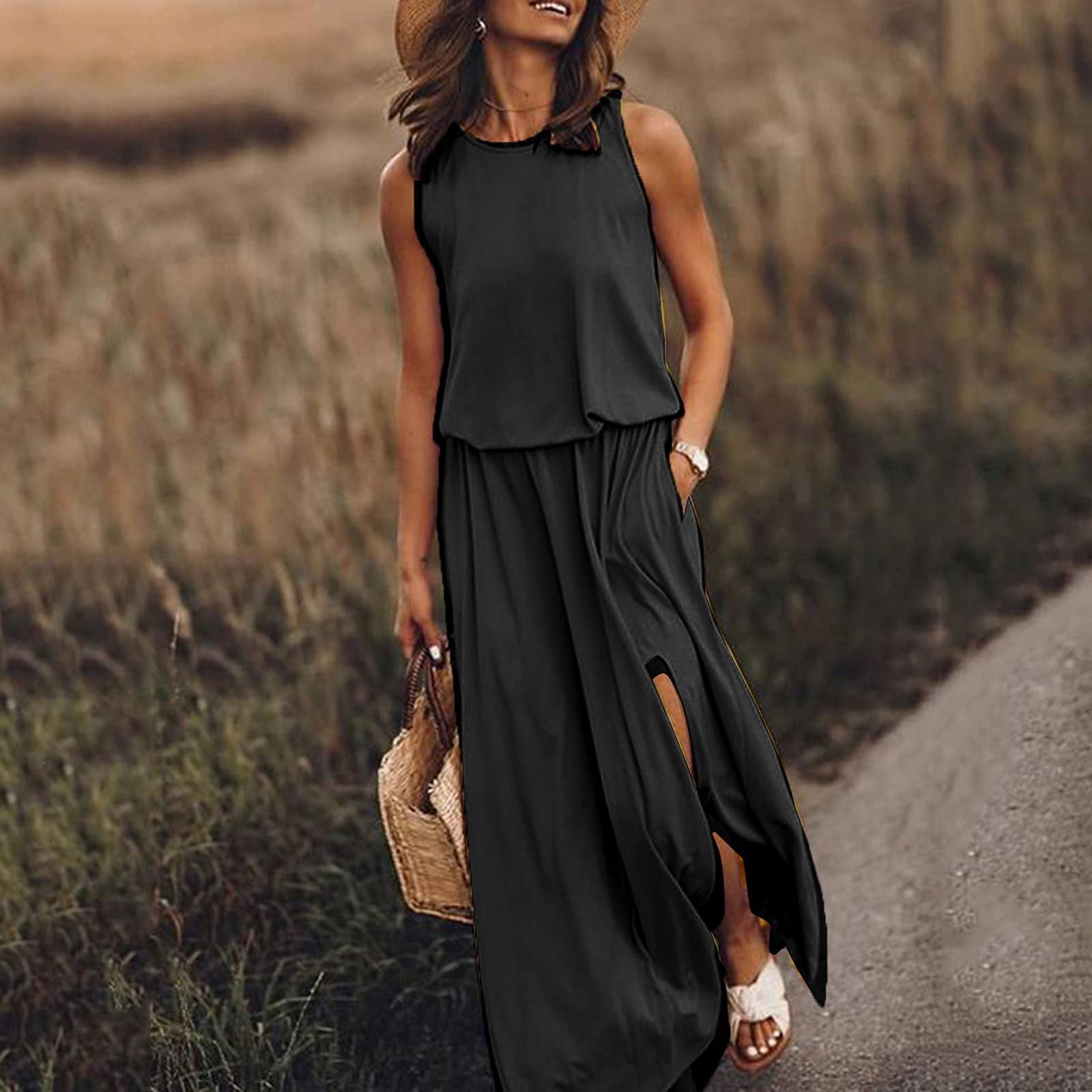 Spring Summer Women Clothing round Neck Sleeveless Dress Split Solid Color Casual Office Dress by Ragazza