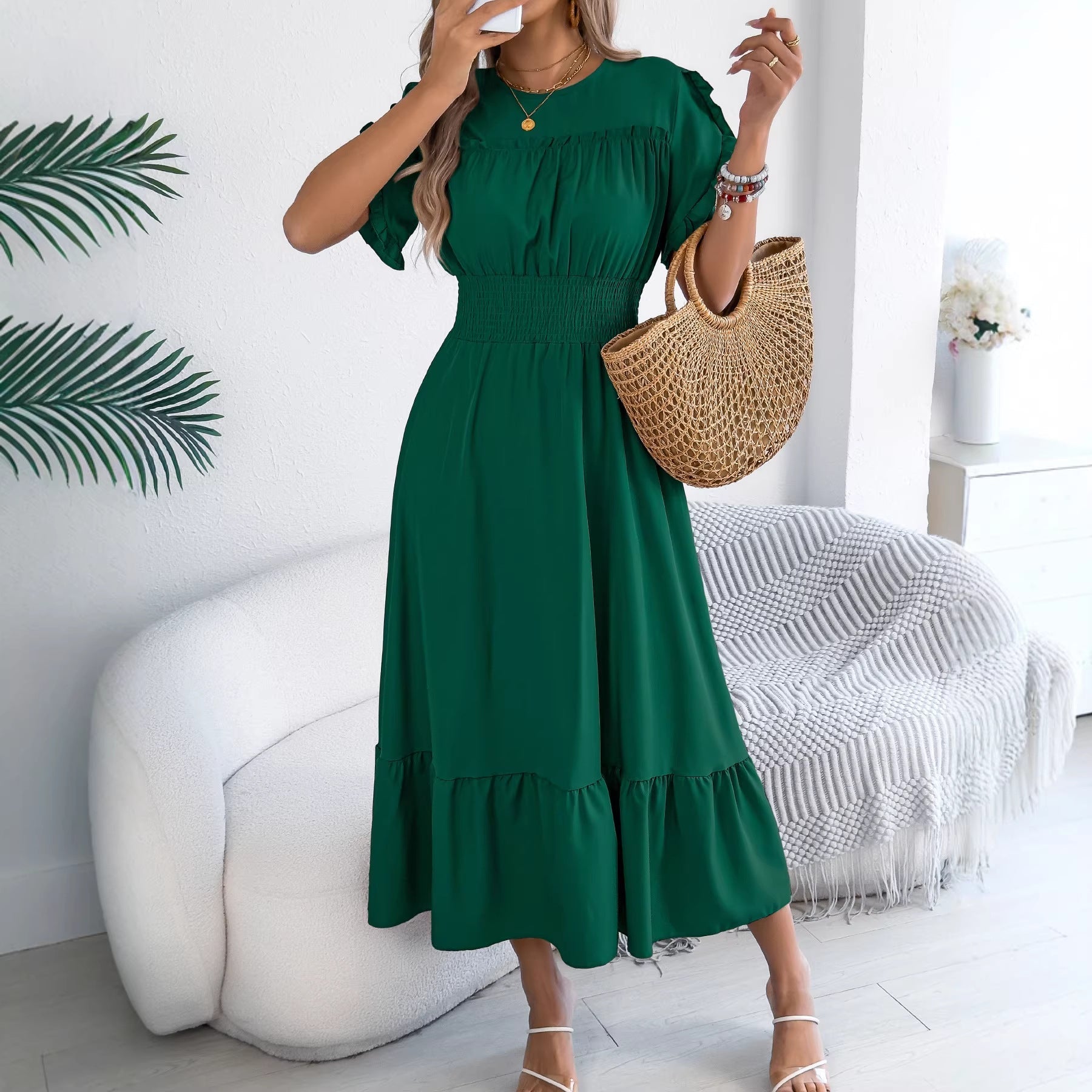 Spring Summer Casual Stringy Selvedge Short Sleeve Smocking Waist Controlled Large Hem Maxi Dress Women Clothing DestGlow