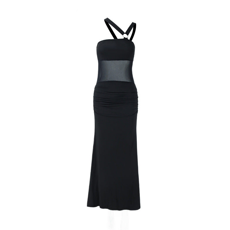 Women Clothing Summer Irregular Asymmetric Shoulder Wrapped Chest Slim Mesh Stitched Backless Niche Dress by Ragazza