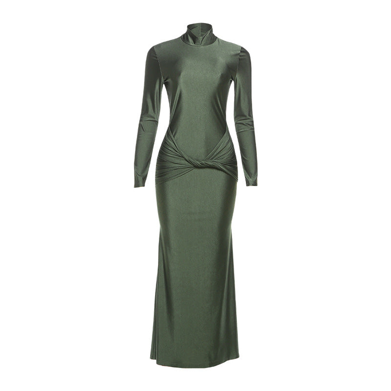 Autumn Winter Slim Waist Half Turtleneck Pleated Solid Color Maxi Dress Dress Women by Ragazza