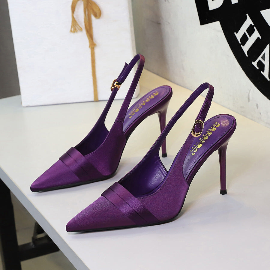 French Satin Women Stiletto Heel High Heel Shoes Pointed Toe Shallow Mouth Back Empty Ankle Strap Buckle Cocktail Shoes Women DestGlow