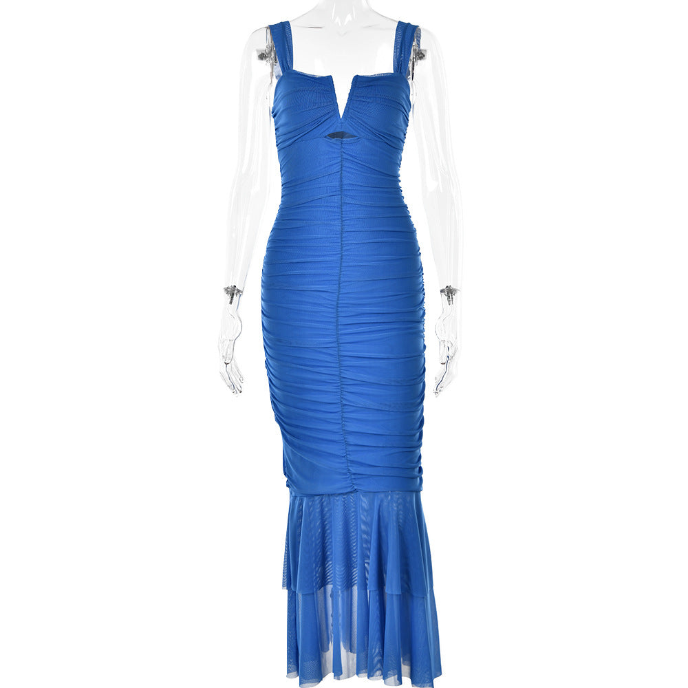 Spring Summer Suspender Stitching Dress Fashionable Sexy Tight Pleated Fishtail Dress by Ragazza