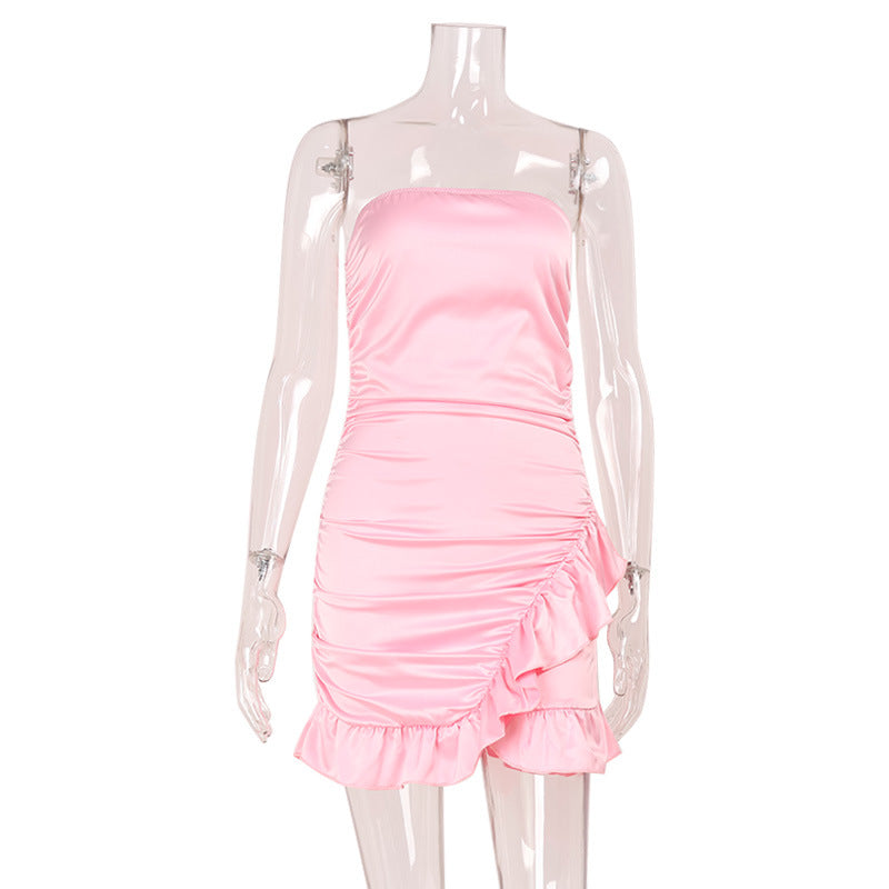 Elegant Women Clothing French Sexy Tube Top Backless Pleating Lace Niche Dress Short Dress by Ragazza