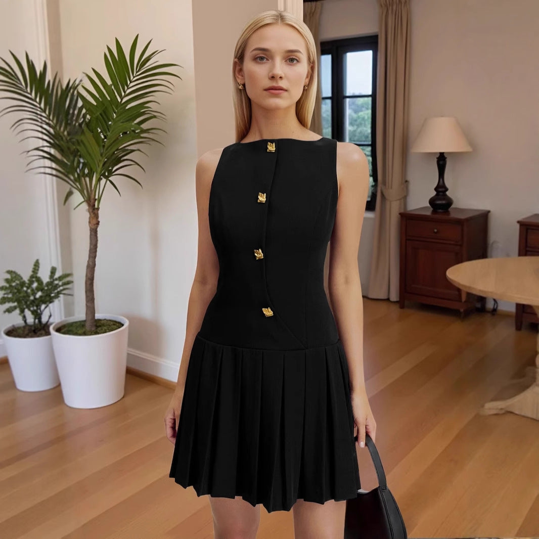 Spring Summer Simple Women Clothing Personalized Wide Hem Pleated Waist Tight Solid Color Sleeveless Short Dress by Ragazza