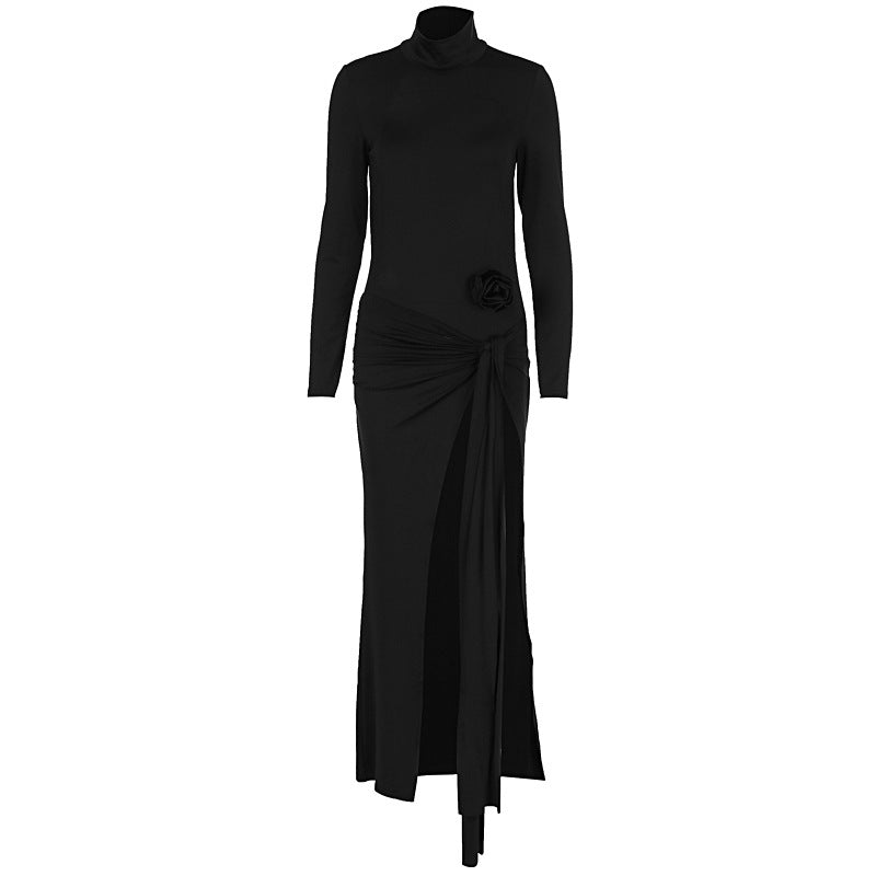 Autumn Women High Collar Backless Long Sleeves Jumpsuit Sexy Slit Dress DestGlow