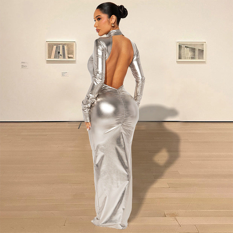 Autumn Winter Metallic Sexy Backless Skinny Slimming Slim Dress Women Metallic Coated Fabric Dress by Ragazza