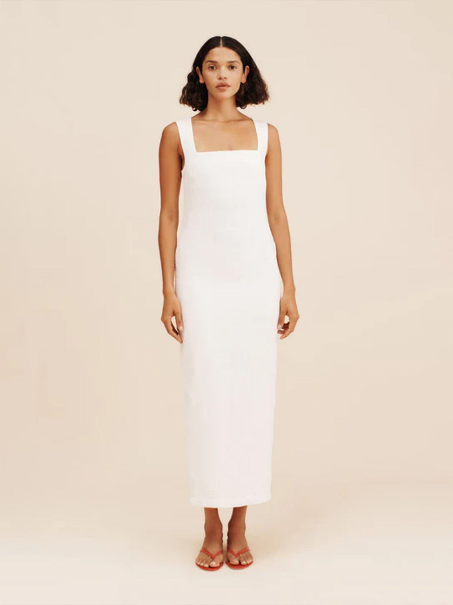 Simple Solid Color Square Collar Sling Dress Summer Slim Cotton Linen Maxi Dress by Ragazza