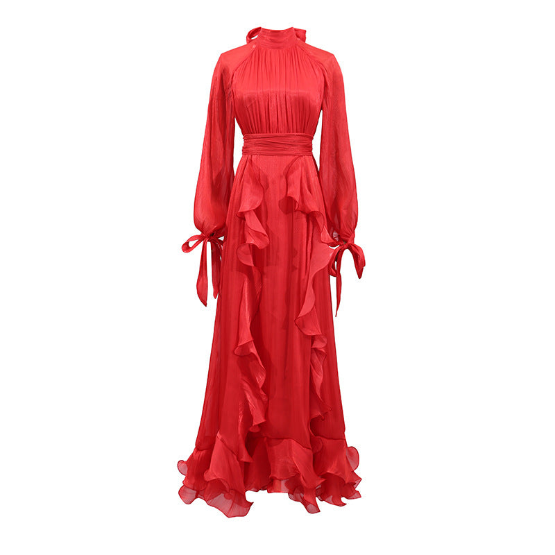 French Elegant Socialite Fairy Dress Summer Stand up Collar Puff Sleeve Pleated Waist Tight Dress Women by Ragazza