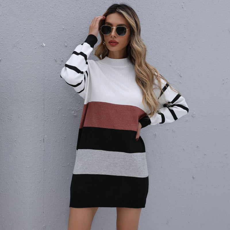 Women Clothing Autumn Winter Color Matching Fashionable Long Knitted Base Sweater Dress DestGlow