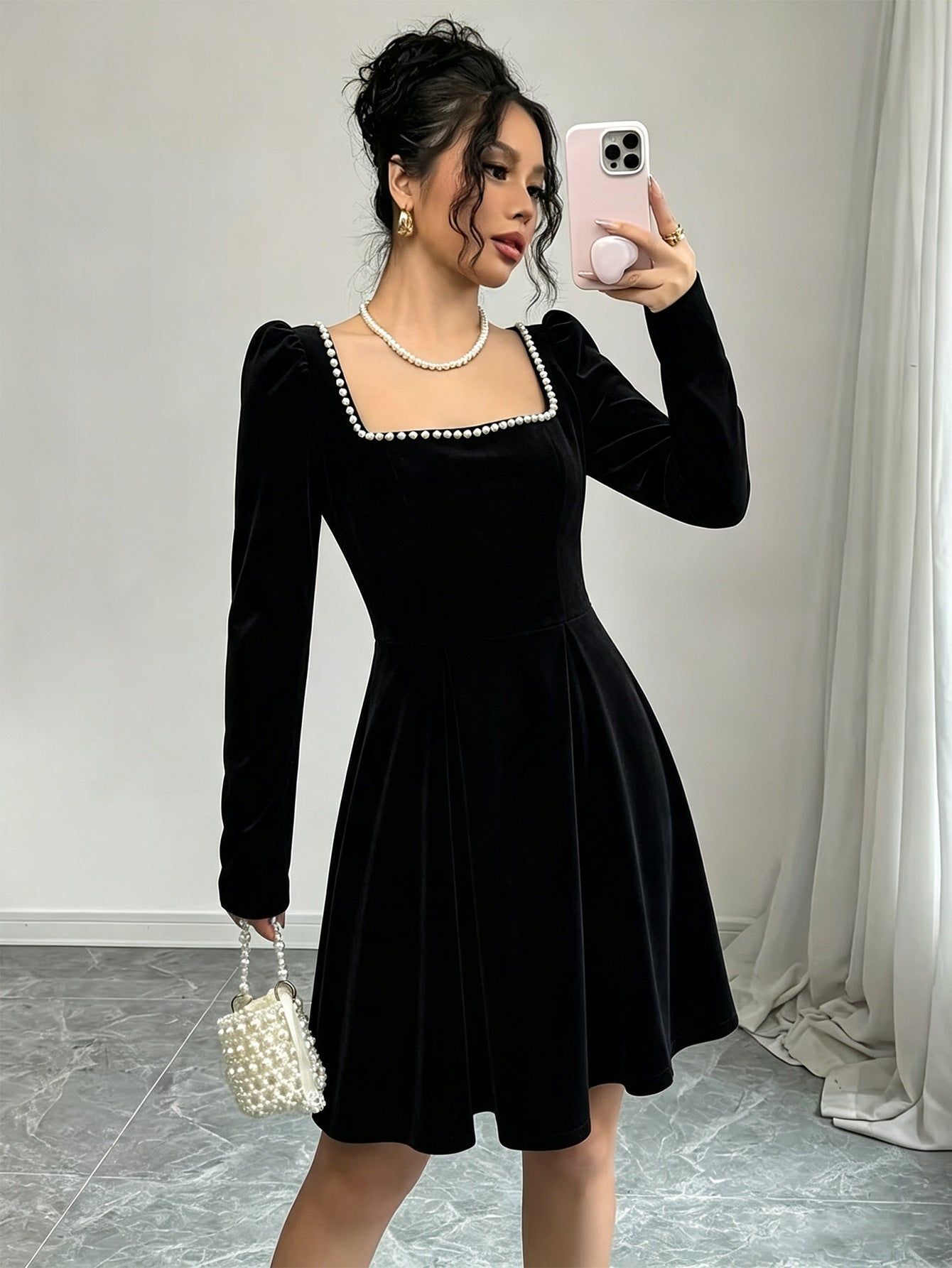 Women Clothing French Vintage Velvet Square Collar Dress Women Pearl Trim Waist Slimming A line Dress DestGlow