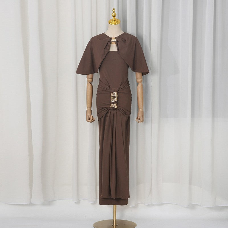 Elegant Lady Shawl Dress Summer Solid Color Stitching Metal Buckle Tight Waist Slim Hip Dress DestGlow
