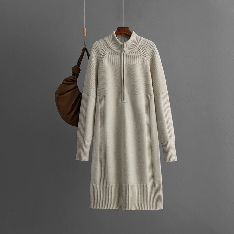 Zipper Woolen Autumn Winter Long Sleeve Thick Loose Mid Length Knitted Dress by Ragazza