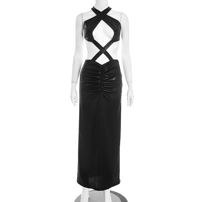 Women Clothing Winter Solid Color Sexy Sleeveless Backless Hollow Out Cutout out Strap Slim Fit Maxi Dress