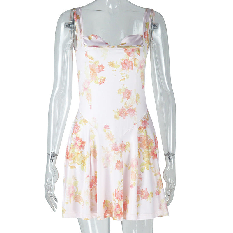 Sexy Sweet Women Clothing Backless Print Trendy A line Dress Strap Waist Slimming Short Dress by Ragazza