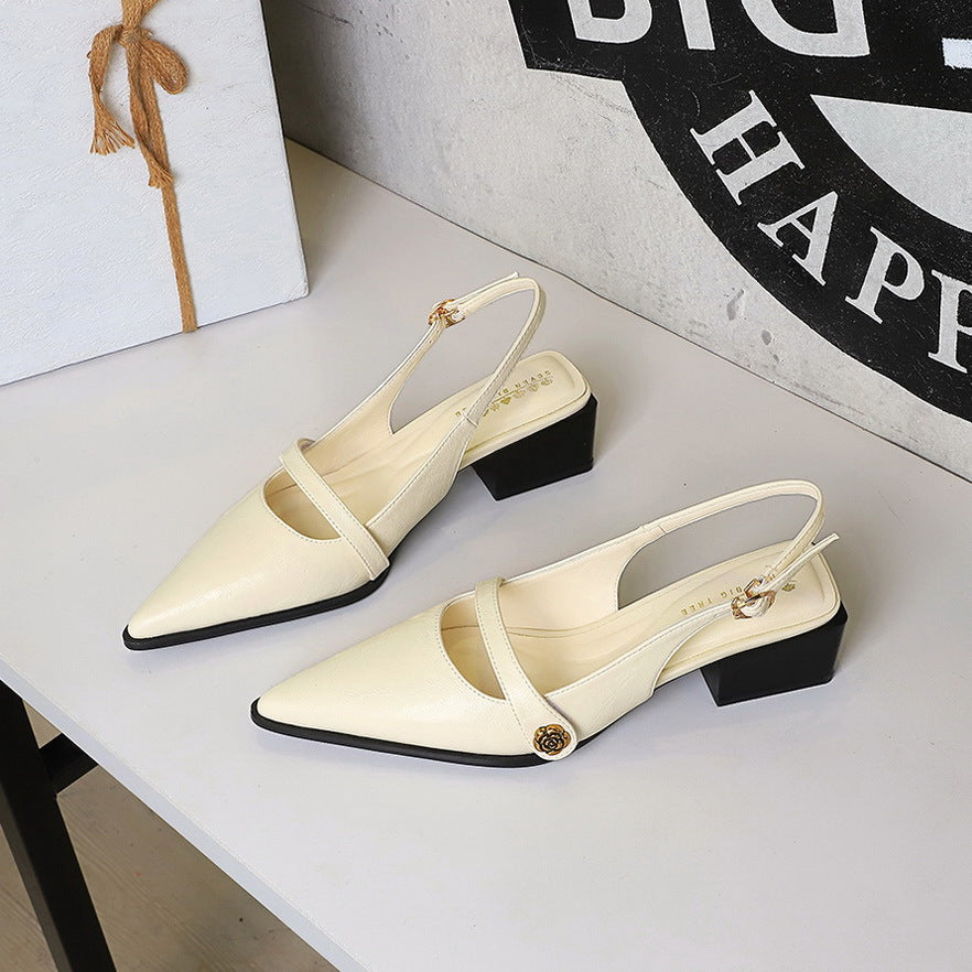 Retro Brown Camellia Pumps Word with Chunky Heel Low Heel Back Empty Back Strap Women Shoes DestGlow