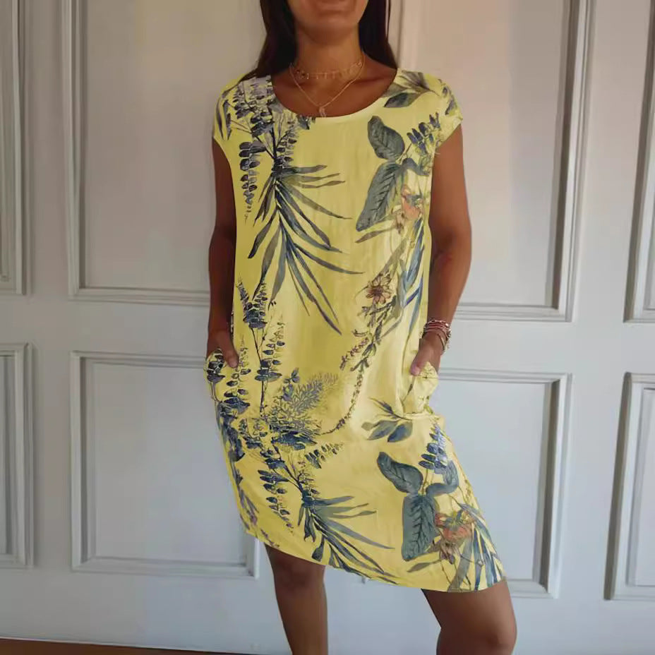 Women Clothing Summer Cotton Linen round Neck Printed with Pocket by Ragazza