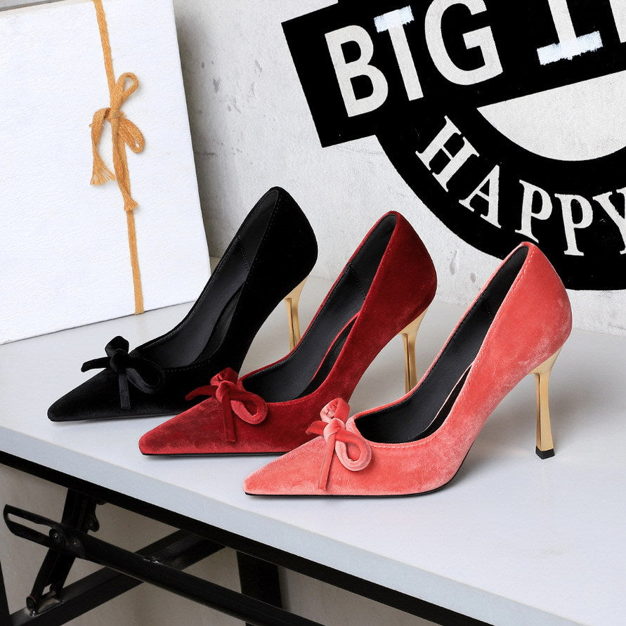 French Metal High Heel Slip on Stilettos Bow Suede Cocktail Goddess Shoes DestGlow