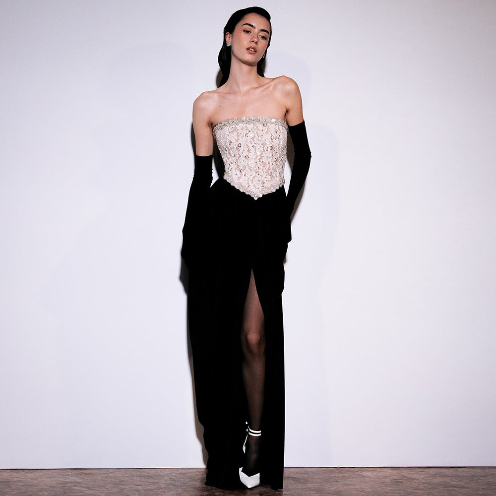 Sexy Women Lace Bead Strapless Dress High Elastic Split Long Dress by Ragazza