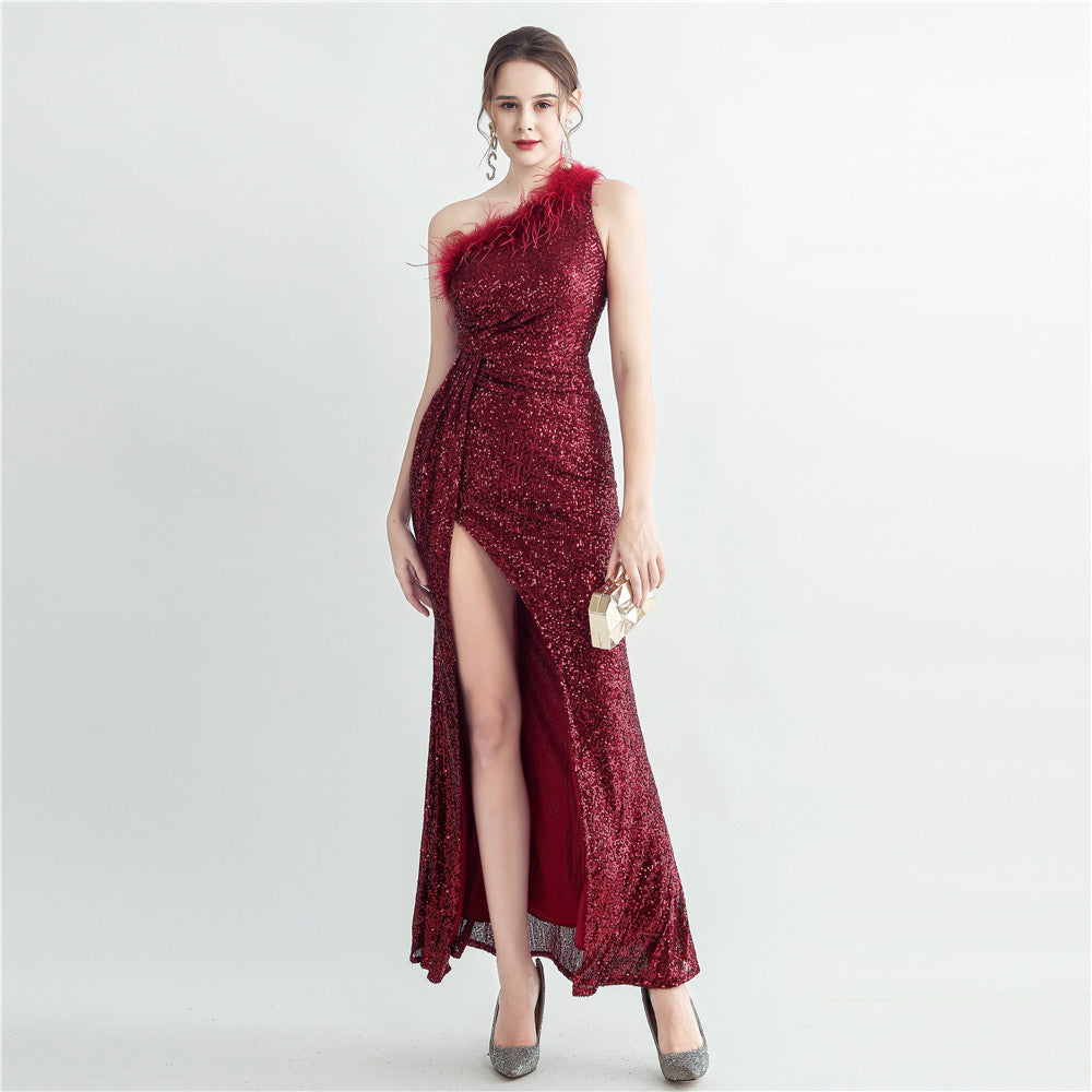 Hand Nailed Ostrich Feather Off Shoulder Roman Collar High End Sequined Evening Dress by Ragazza
