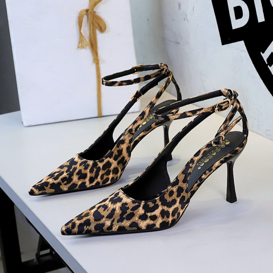 Sexy Leopard Print Stiletto Heels Women Pointed Toe Satin Hollow Out Cutout out Strap Classy Shoes DestGlow