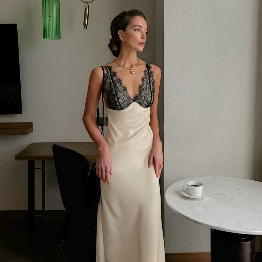 Summer Sexy V neck Lace Stitching Satin Dress Women Slim Fit Maxi Dress by Ragazza