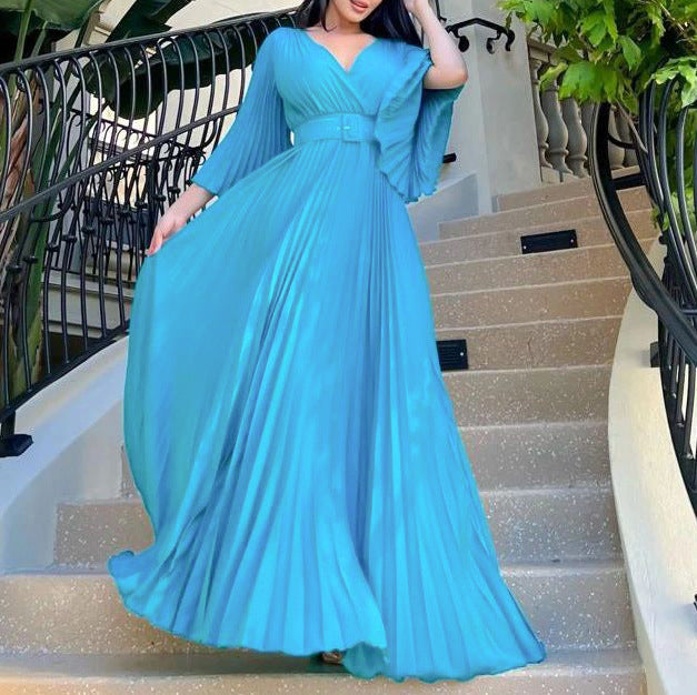 Women Clothing V neck Sexy Pleated Formal Swing Dress Maxi Dress by Ragazza
