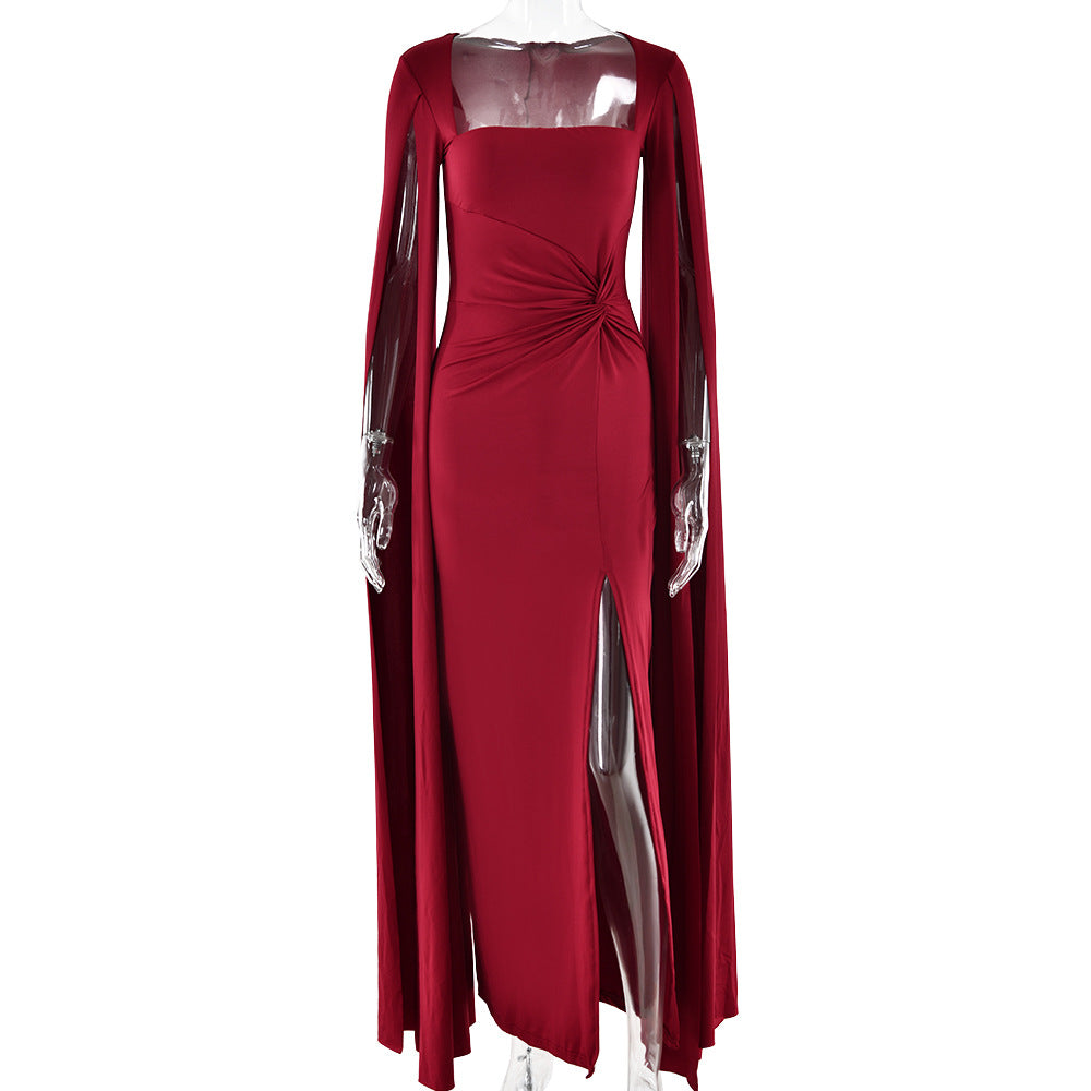 Dress Square Collar Mop Long Sleeve High Slit Solid Color Sexy Dress by Ragazza
