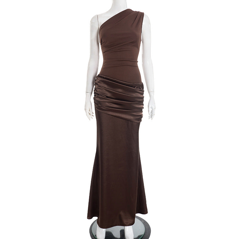 Women Clothing Autumn Winter Expensive Socialite One Shoulder Pleated Stitching Hip Fishtail Dress by Ragazza