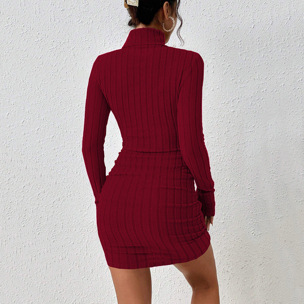 Women Clothing Adult Lady like Woman Wine Red Dress Autumn Winter Simplicity High Necked All Matching Short Dress by Ragazza