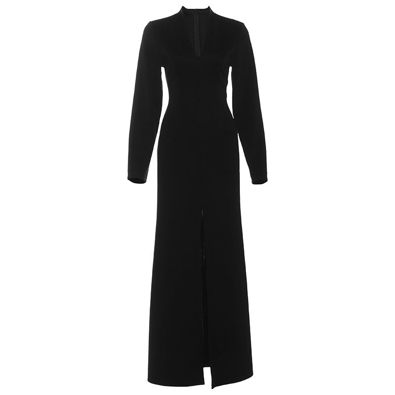 Autumn French Solid Color V neck High Waist Slim Slimming Slit Dress by Ragazza