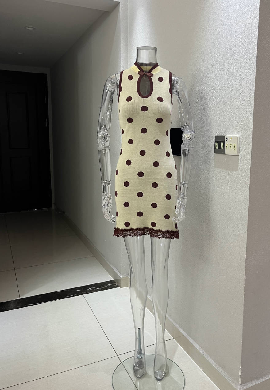 Summer Mid Polka Dot Contrast Color Lace Stitching Dress Stand Collar Sleeveless Sexy Casual Shaped Short Dress Women DestGlow