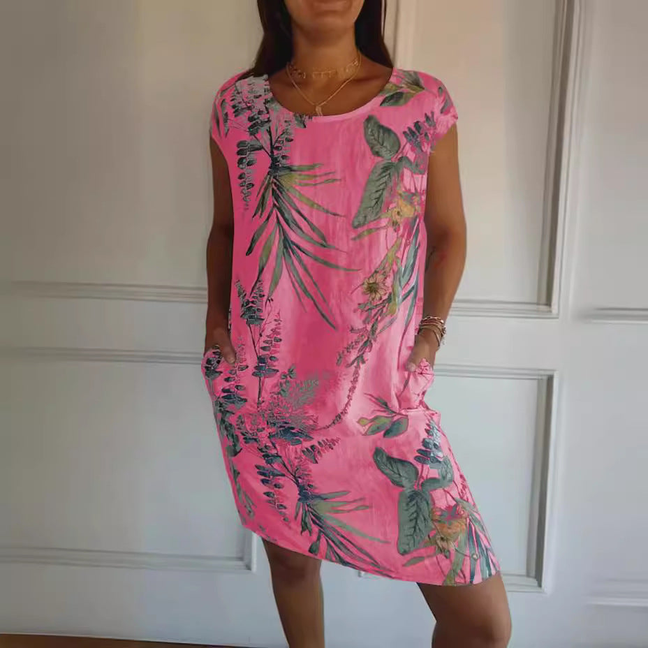 Women Clothing Summer Cotton Linen round Neck Printed with Pocket by Ragazza
