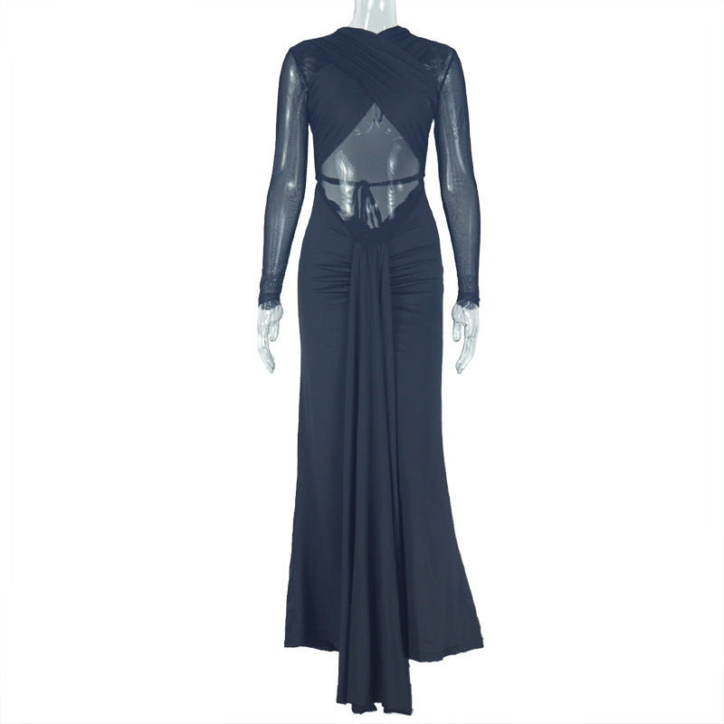 Elegant Simple Women Clothing Sexy Slim Hip Micro Transparent One Step Solid Color Pleated Wrapped Chest Length Dress by Ragazza