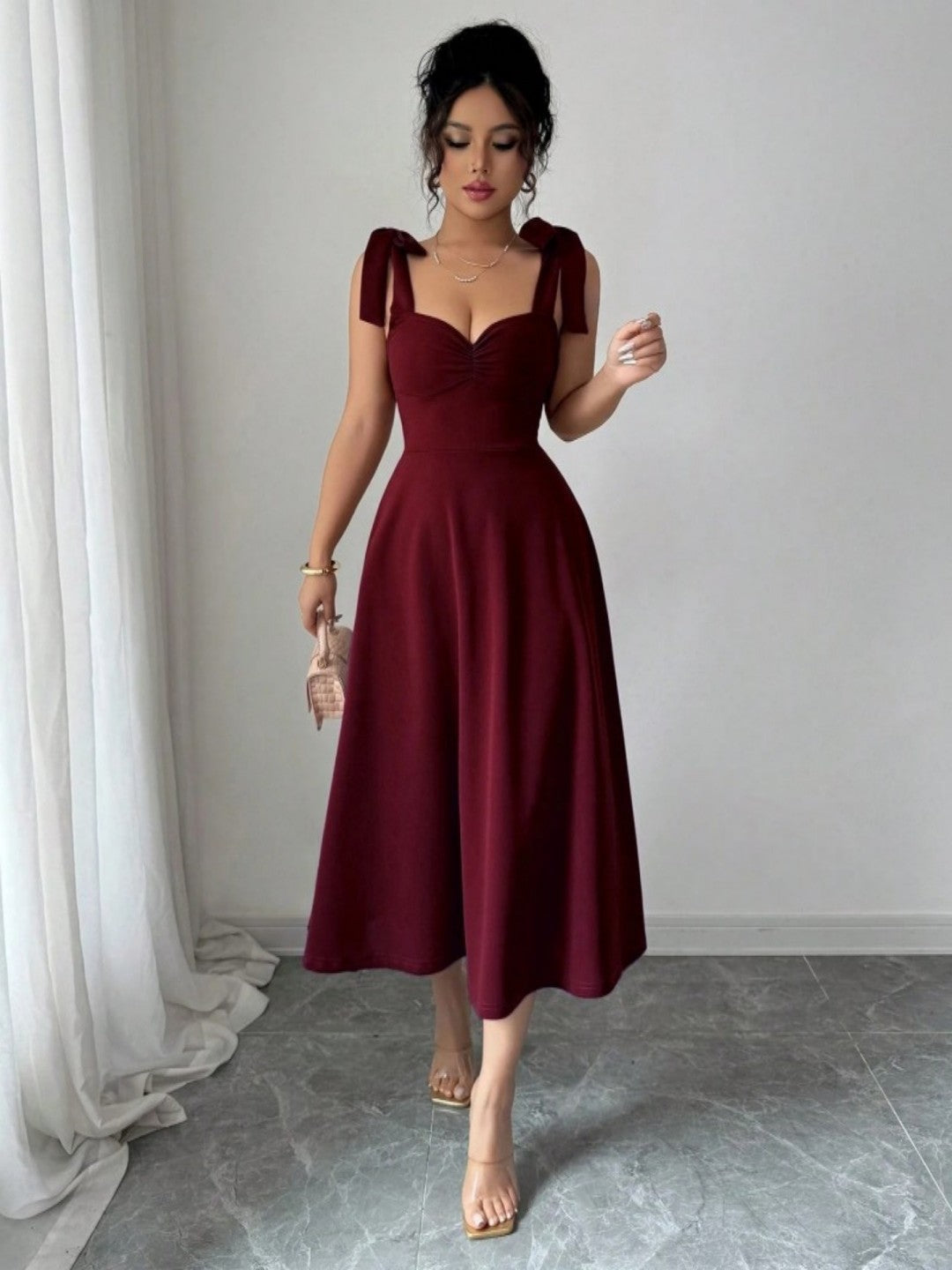 Spring Summer Solid Color Tied Dress Waist Slimming Elegant Graceful Maxi Dress by Ragazza